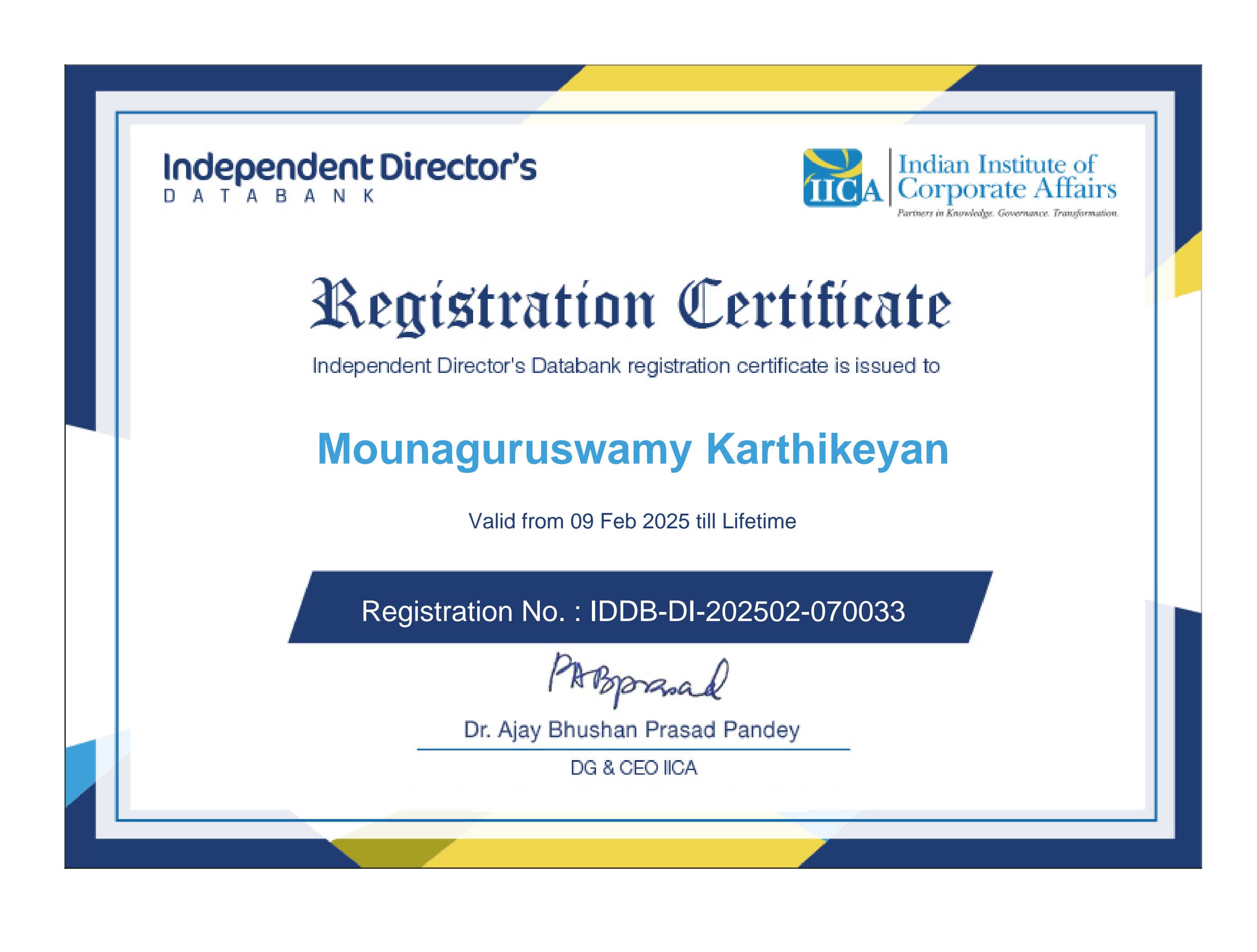 IICA Independent Director's Databank Registration Certificate issued to Mounaguruswamy Karthikeyan